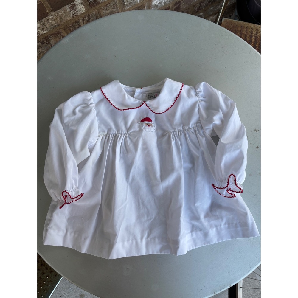 Petit Ami Baby Girls White Christmas Santa Embroidered Blouse Red Trim 9M